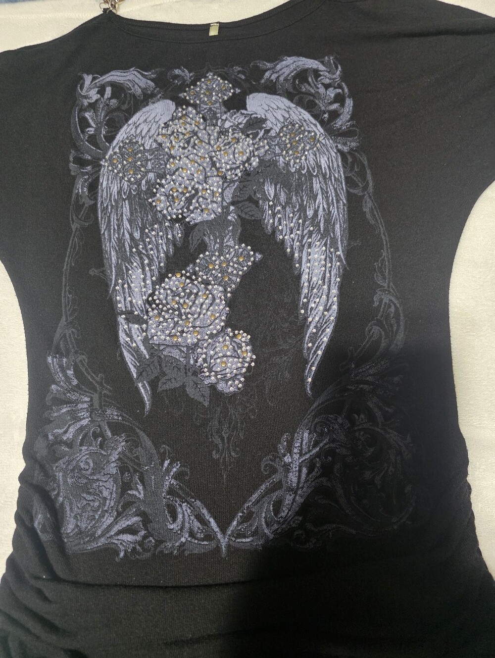 Umgee Black Embellished Wing Cross Tunic Top Large Boho Rhinestone Studded - Picture 6 of 8